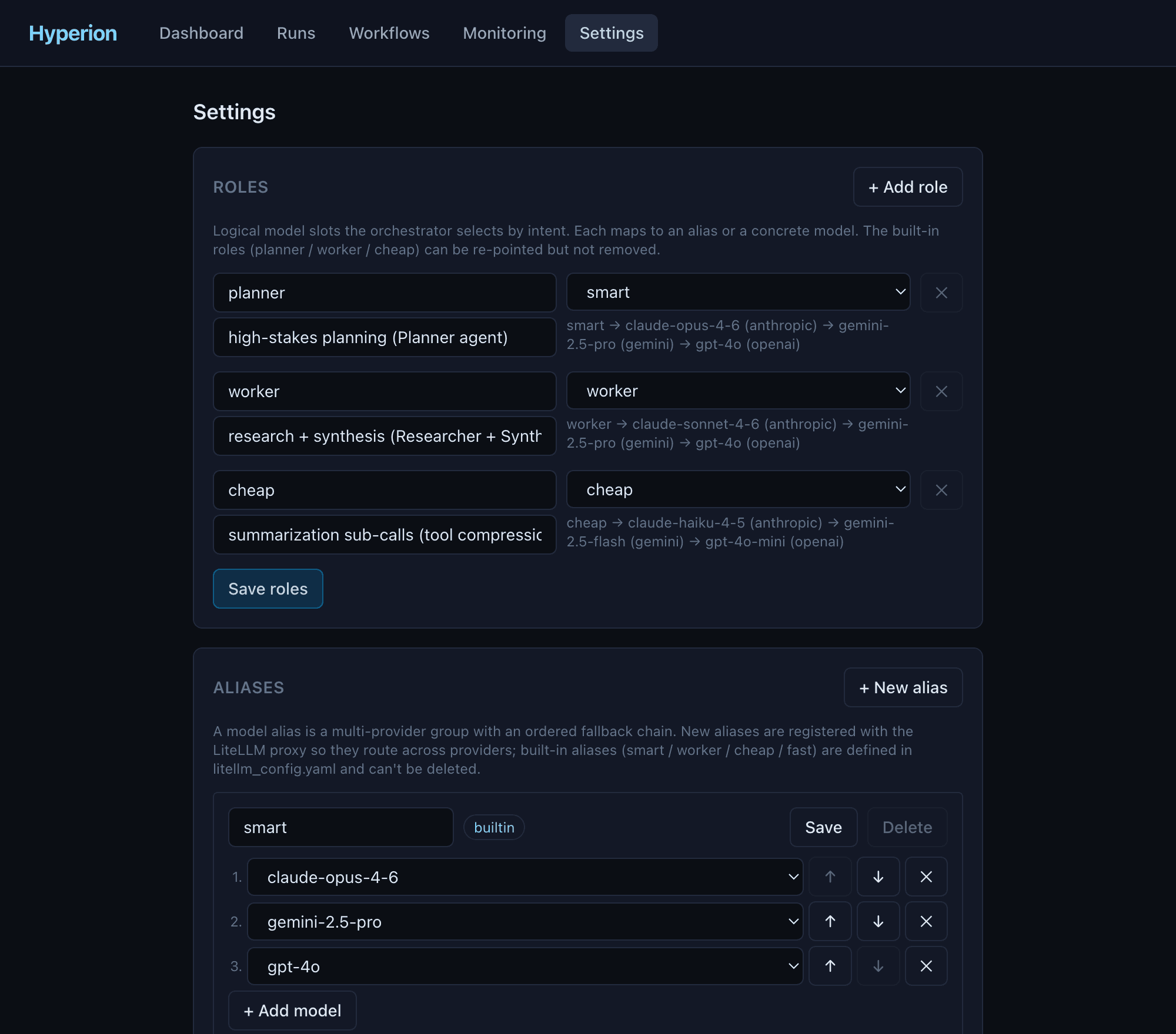 Hyperion's alias settings. Each alias (smart, worker, cheap) lists the models behind it with controls to reorder, remove, or add entries.