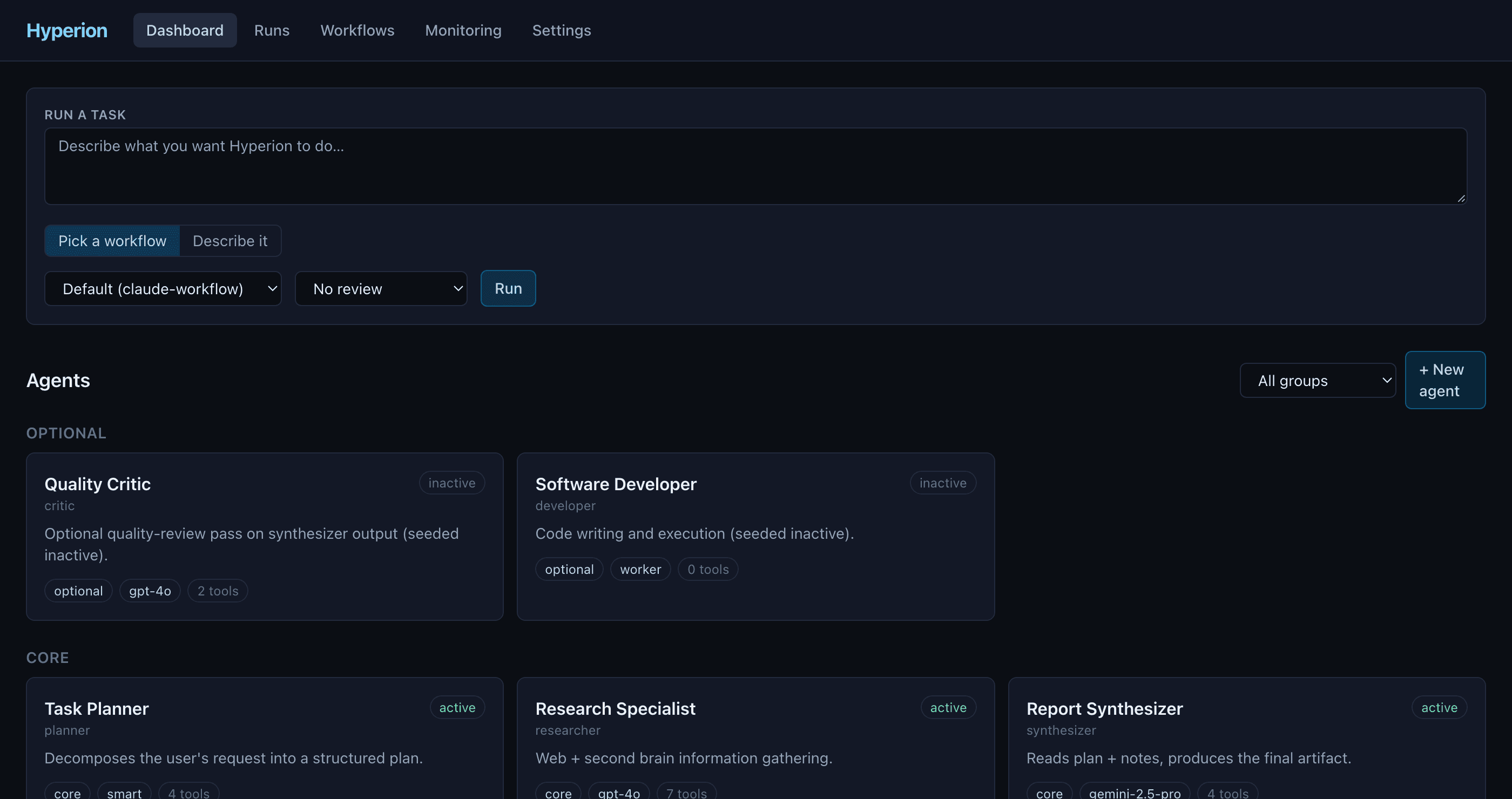 Hyperion's dashboard: a task input at the top with a workflow picker, above a grid of agent cards. Each card shows the agent's role, description, model badge, and tool count, and is marked active or inactive.